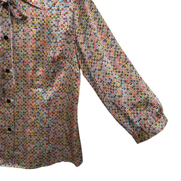 1990s Vintage 100% Silk Top Button Up Shirt Satin 3/4 Sleeve Blouse Bow Medium - Picture 6 of 9